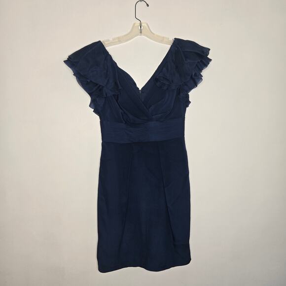 Marchesa Notte Silk Cocktail Dress Teal Flutter Sleeves Gathered Women 6 - Picture 9 of 12